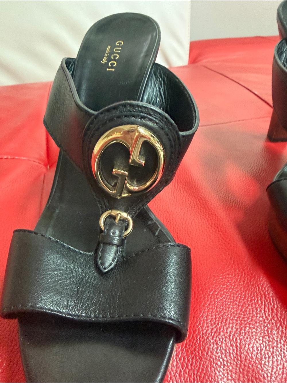 Gucci Black Leather Platform Mules with Gold Double-G Accent - Picture 5 of 5